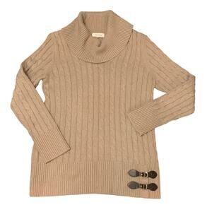 Calvin Klein Womens Long Sweater Large Camel Tan Cowl Neck Cable Knit 2 Buckles